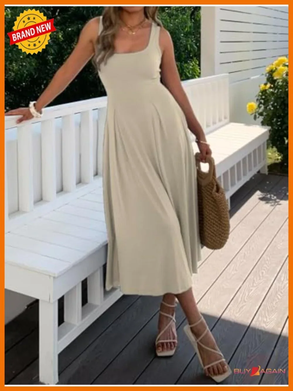 Sleeveless Maxi Dress Square Neck A-Line Pleated Flowy with Pockets